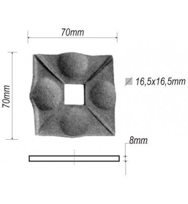 pièce élément ferronnier serrurier Plaque de fixation carré pour escalier 70 x 70 Hauteur 8 Section 16,5x16,5 ACIER Ref: BE13304