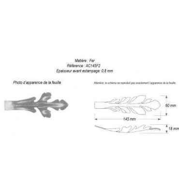 pièce élément ferronnier serrurier Feuille d'acanthe 145 x 60 Hauteur 18 ACIER Ref: GAC145F2