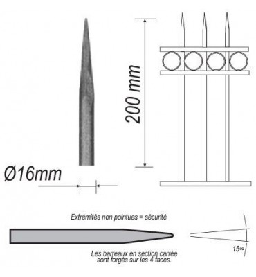 pièce élément ferronnier serrurier Barreau appointé ROND Longueur 200 Diamètre 16 ACIER FER FORGE Ref: P1RL16