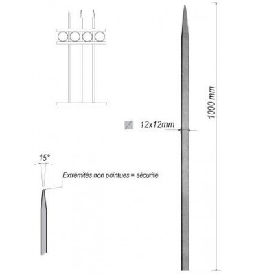 pièce élément ferronnier serrurier Barreau appointé CARRE Longueur 1000 Section 12x12 ACIER FER FORGE Ref: 1CL12-1000