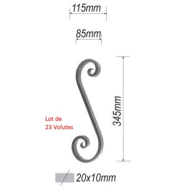 Lot de 23 x VOLUTE en S LISSE APLATI 345x115 Section 20x10 ACIER FER FORGE Ref: F53.551-23