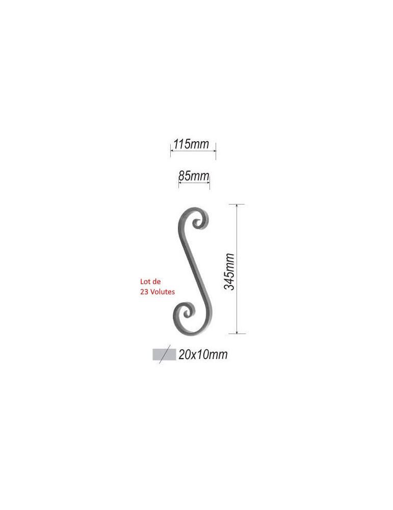 Lot de 23 x VOLUTE en S LISSE APLATI 345x115 Section 20x10 ACIER FER FORGE Ref: F53.551-23