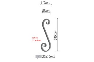 Lot de 23 x VOLUTE en S LISSE APLATI 345x115 Section 20x10 ACIER FER FORGE Ref: F53.551-23