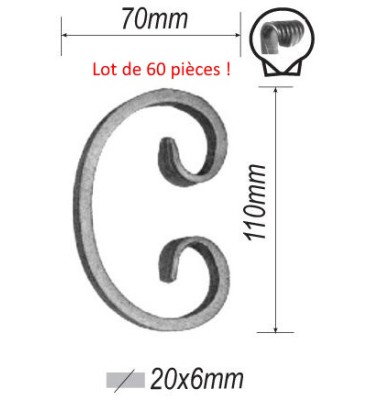 Lot de 60 Volutes en C LISSE PATTE D OIE 110x70 Section 20x6 ACIER FER FORGE Ref: F53.408