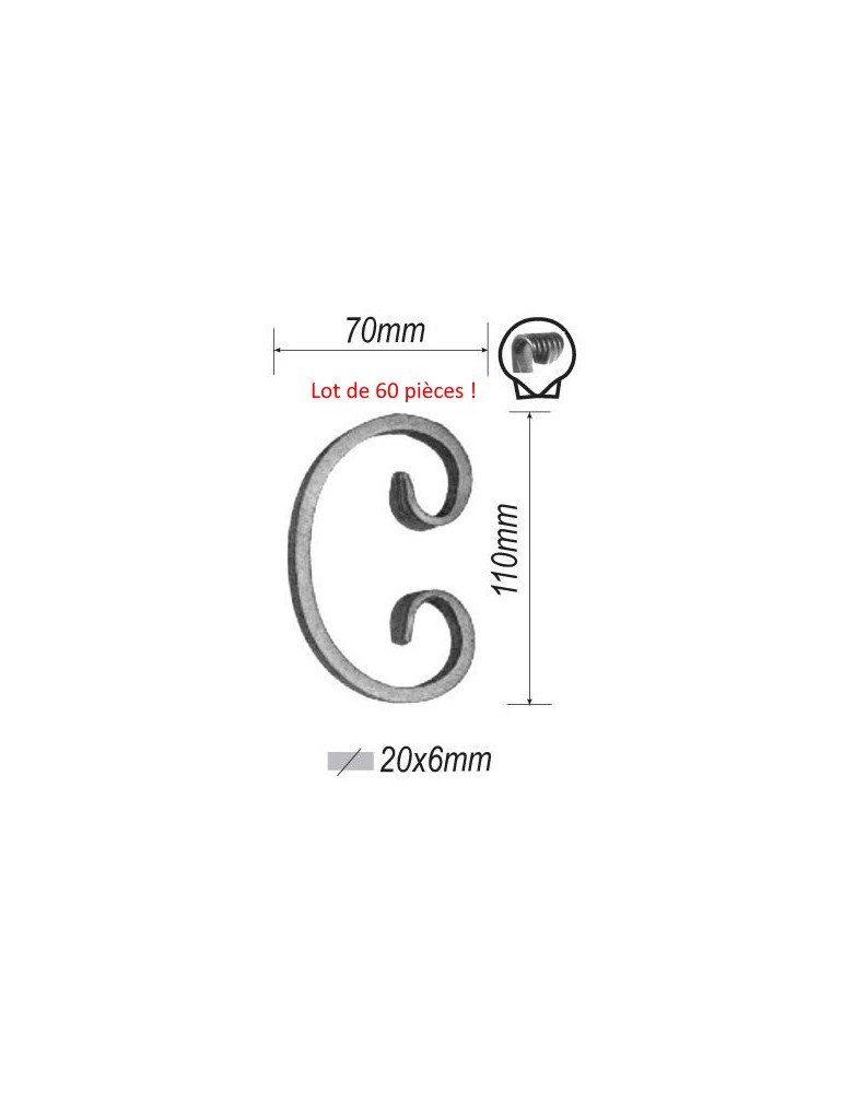 Lot de 60 Volutes en C LISSE PATTE D OIE 110x70 Section 20x6 ACIER FER FORGE Ref: F53.408