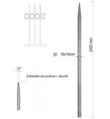 pièce élément ferronnier serrurier Barreau appointé CARRE Longueur 2000 Section 16x16 ACIER FER FORGE Ref: 1CL16-2000